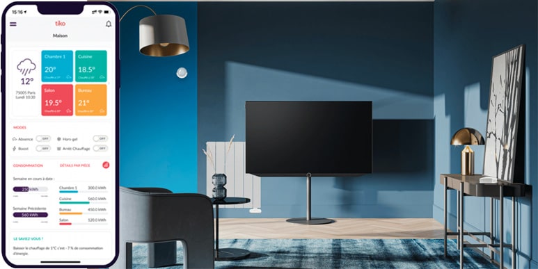 Living room with blue walls, tv and chair with an smart phone as overlay showing rooms